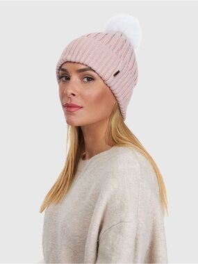 Brand New Gorski Montreal Pink Silver Metallic Knit Hat with white Lamb Pompom